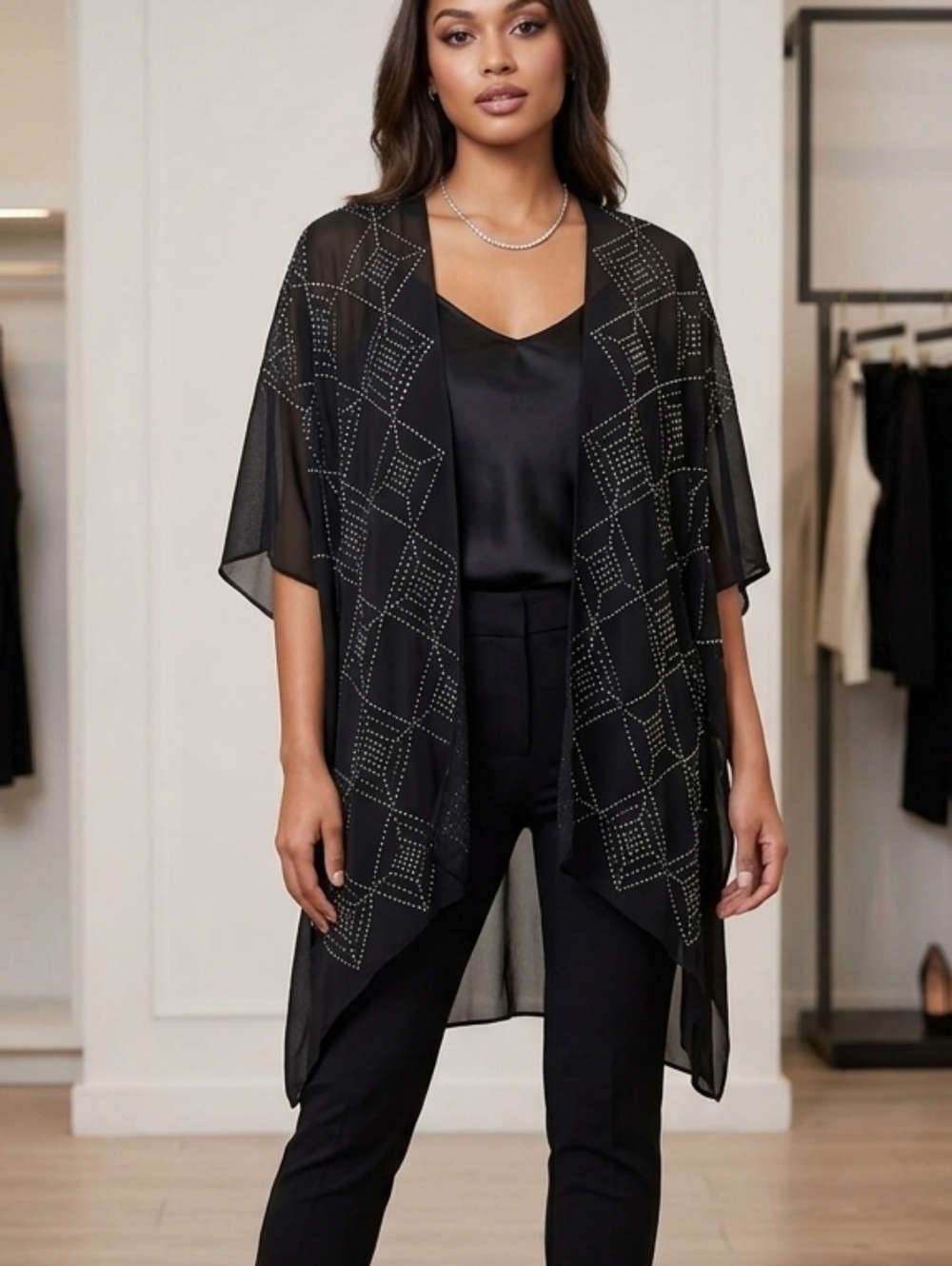 JESSICA MCCLINTOCK😄 Sheer Kimono with Silver Studs in Box Pattern⭐💖🌺